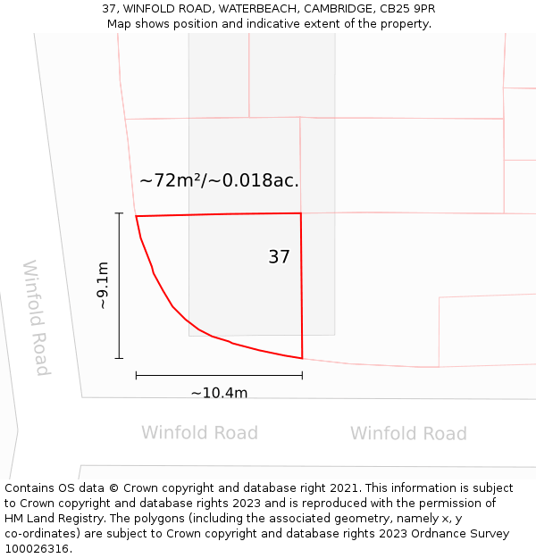37, WINFOLD ROAD, WATERBEACH, CAMBRIDGE, CB25 9PR: Plot and title map