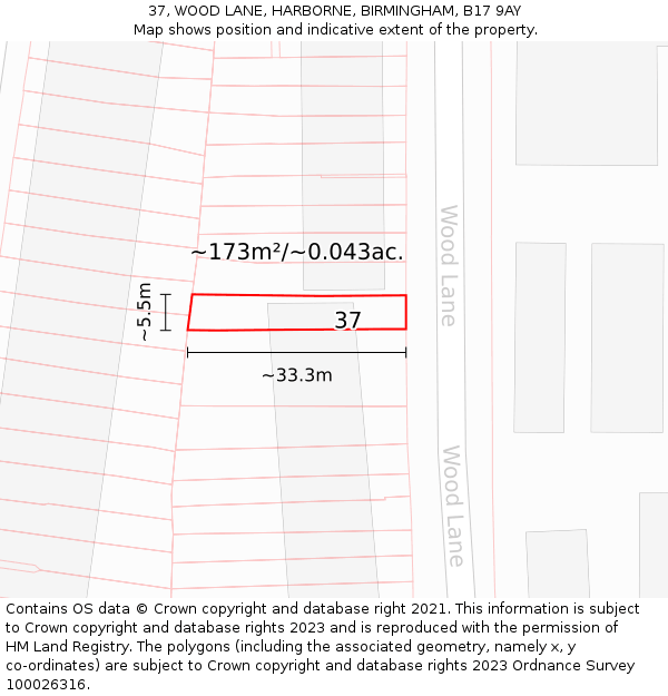 37, WOOD LANE, HARBORNE, BIRMINGHAM, B17 9AY: Plot and title map
