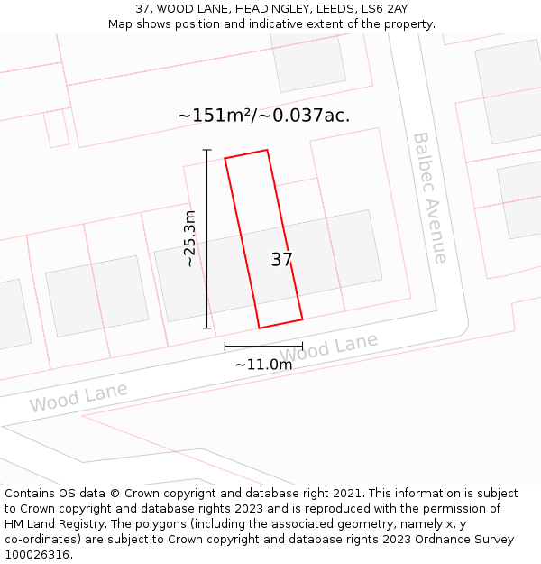 37, WOOD LANE, HEADINGLEY, LEEDS, LS6 2AY: Plot and title map
