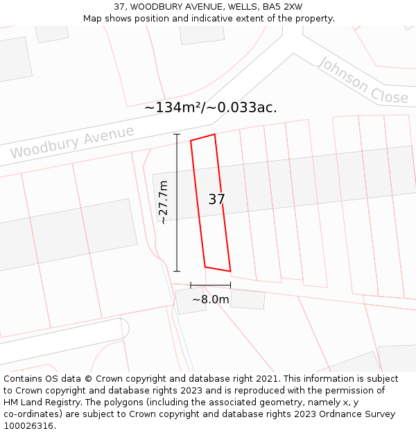 37, WOODBURY AVENUE, WELLS, BA5 2XW: Plot and title map