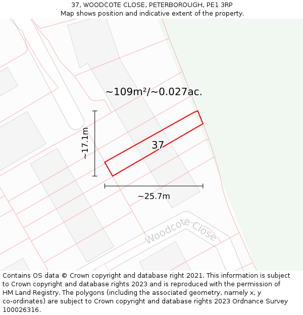 37, WOODCOTE CLOSE, PETERBOROUGH, PE1 3RP: Plot and title map