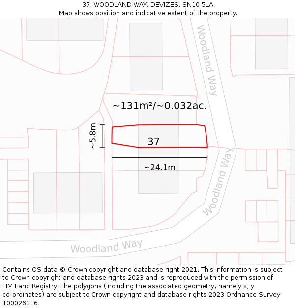 37, WOODLAND WAY, DEVIZES, SN10 5LA: Plot and title map