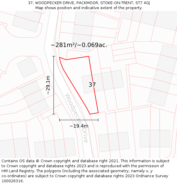 37, WOODPECKER DRIVE, PACKMOOR, STOKE-ON-TRENT, ST7 4GJ: Plot and title map