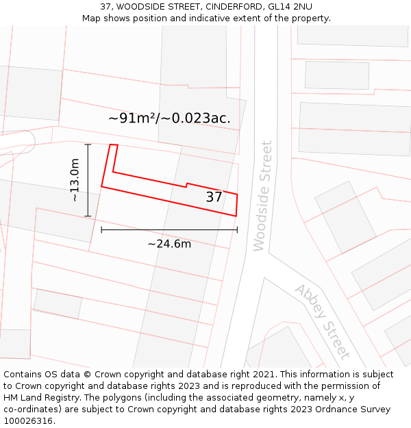 37, WOODSIDE STREET, CINDERFORD, GL14 2NU: Plot and title map