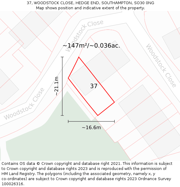 37, WOODSTOCK CLOSE, HEDGE END, SOUTHAMPTON, SO30 0NG: Plot and title map