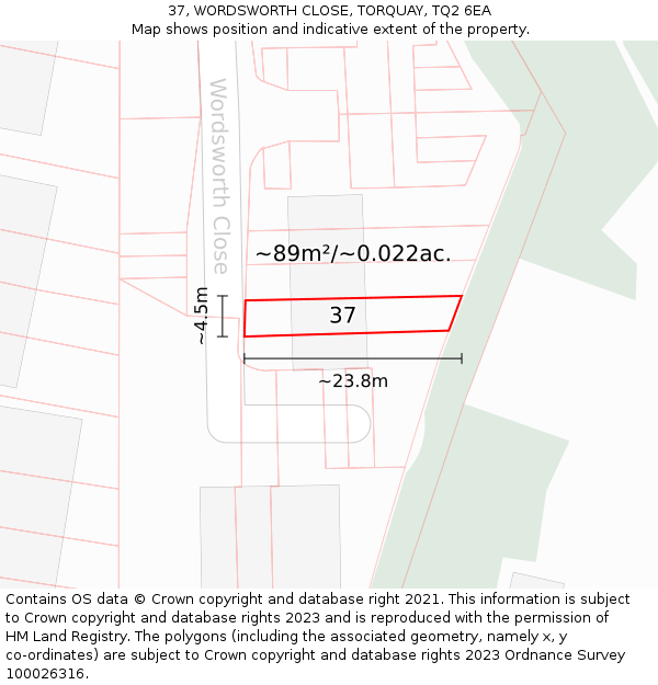 37, WORDSWORTH CLOSE, TORQUAY, TQ2 6EA: Plot and title map