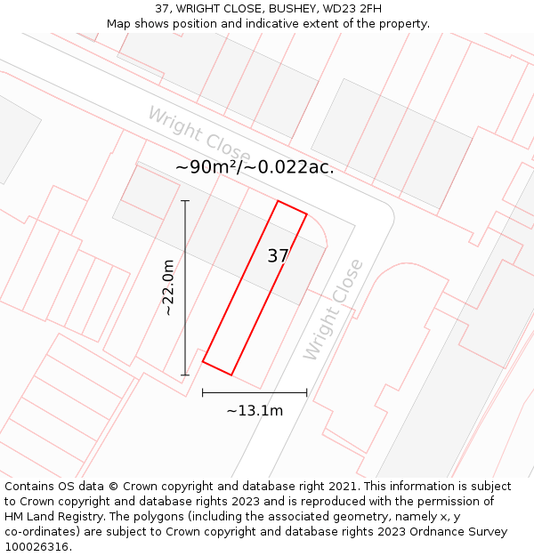 37, WRIGHT CLOSE, BUSHEY, WD23 2FH: Plot and title map