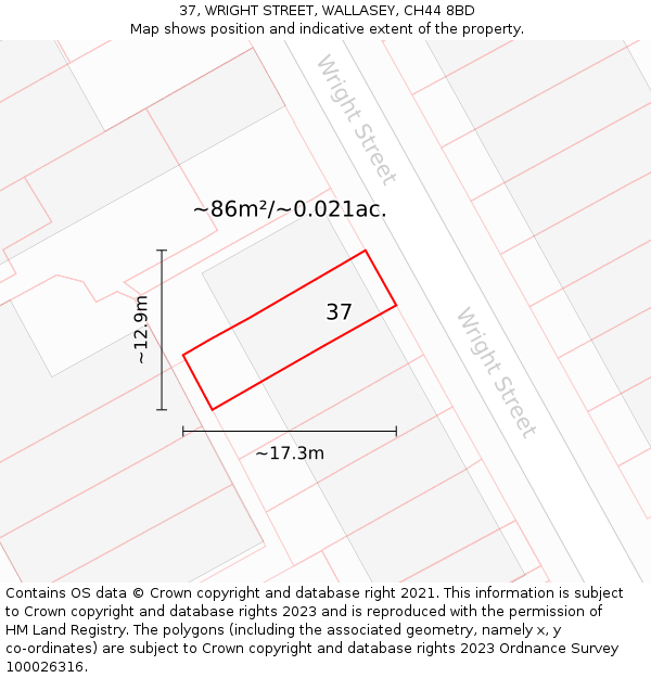 37, WRIGHT STREET, WALLASEY, CH44 8BD: Plot and title map