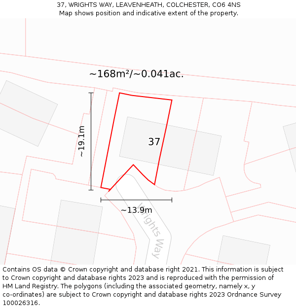 37, WRIGHTS WAY, LEAVENHEATH, COLCHESTER, CO6 4NS: Plot and title map
