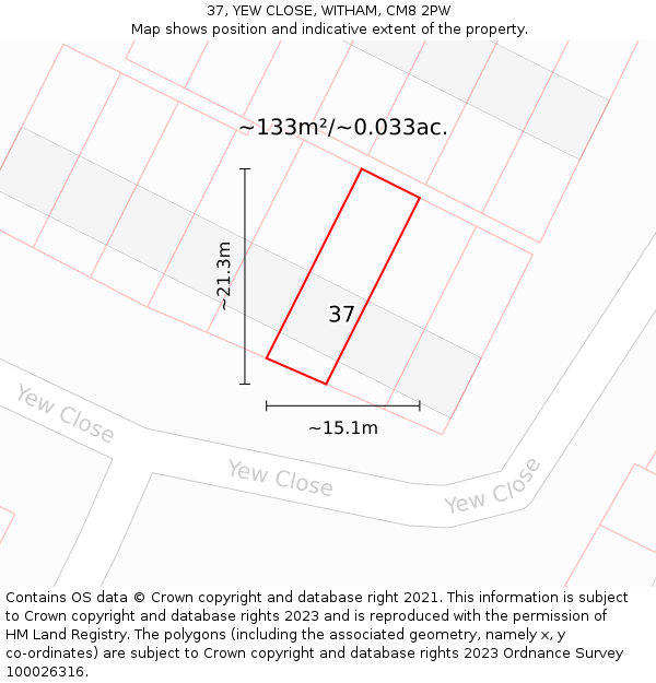 37, YEW CLOSE, WITHAM, CM8 2PW: Plot and title map
