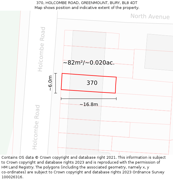 370, HOLCOMBE ROAD, GREENMOUNT, BURY, BL8 4DT: Plot and title map