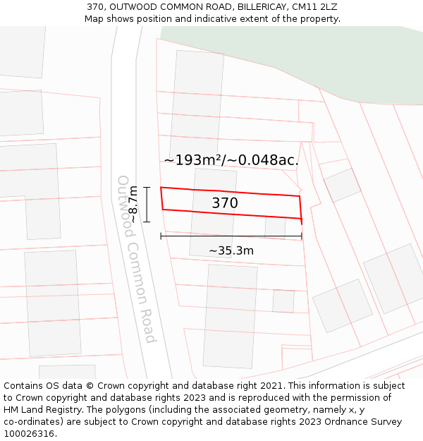 370, OUTWOOD COMMON ROAD, BILLERICAY, CM11 2LZ: Plot and title map