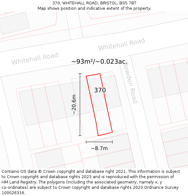 370, WHITEHALL ROAD, BRISTOL, BS5 7BT: Plot and title map