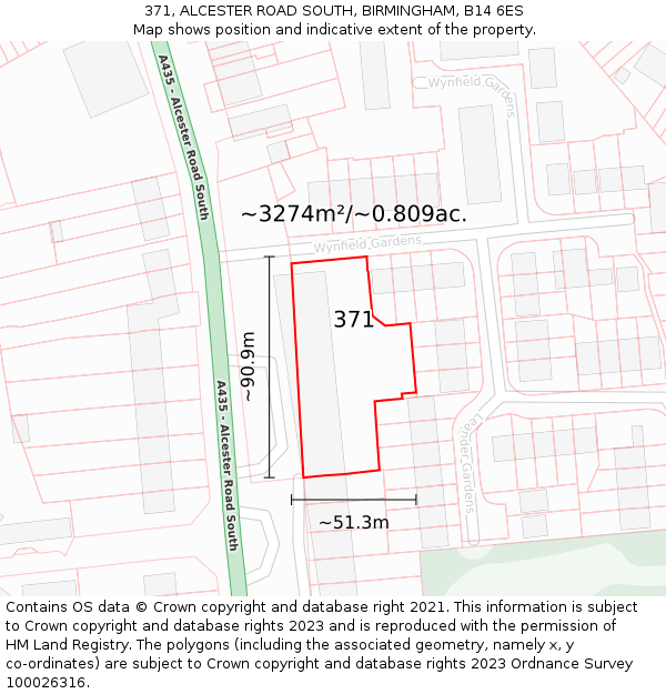 371, ALCESTER ROAD SOUTH, BIRMINGHAM, B14 6ES: Plot and title map