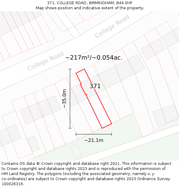 371, COLLEGE ROAD, BIRMINGHAM, B44 0HF: Plot and title map