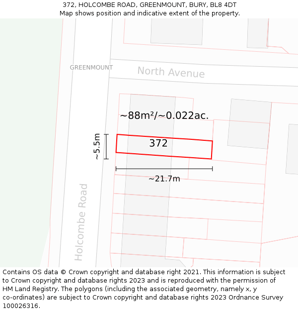 372, HOLCOMBE ROAD, GREENMOUNT, BURY, BL8 4DT: Plot and title map
