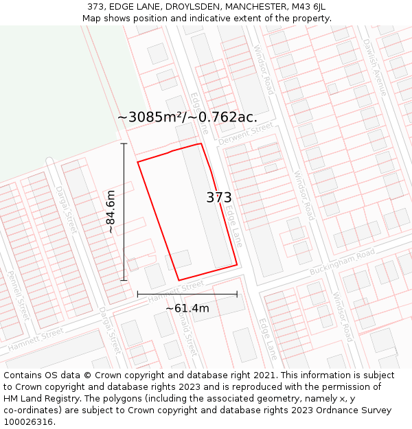 373, EDGE LANE, DROYLSDEN, MANCHESTER, M43 6JL: Plot and title map