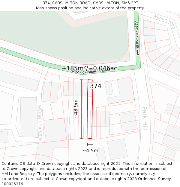 374, CARSHALTON ROAD, CARSHALTON, SM5 3PT: Plot and title map