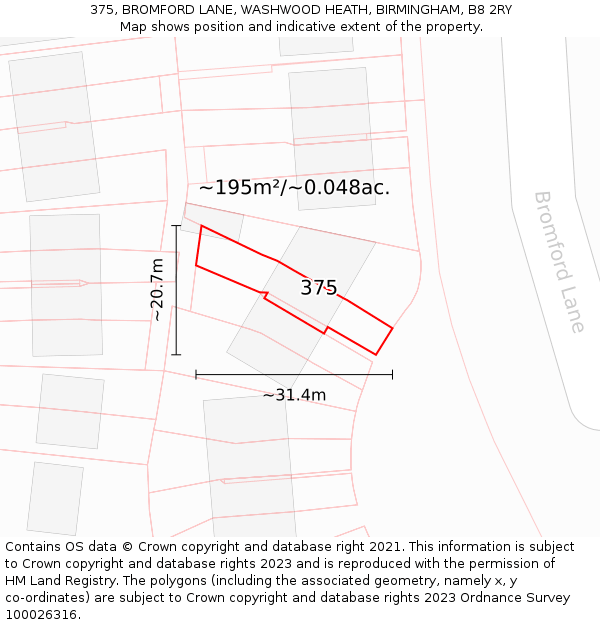 375, BROMFORD LANE, WASHWOOD HEATH, BIRMINGHAM, B8 2RY: Plot and title map