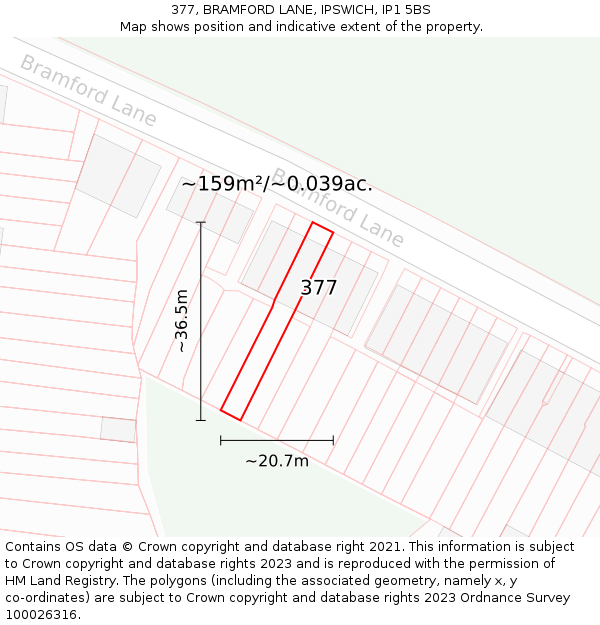 377, BRAMFORD LANE, IPSWICH, IP1 5BS: Plot and title map
