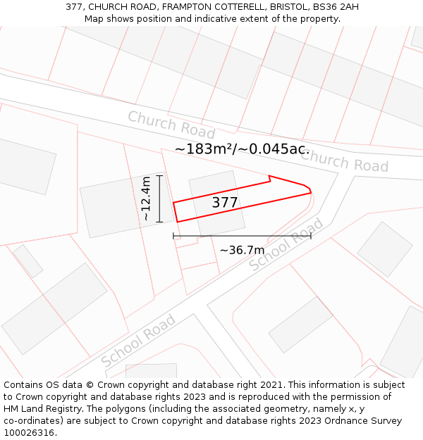 377, CHURCH ROAD, FRAMPTON COTTERELL, BRISTOL, BS36 2AH: Plot and title map