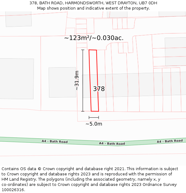 378, BATH ROAD, HARMONDSWORTH, WEST DRAYTON, UB7 0DH: Plot and title map