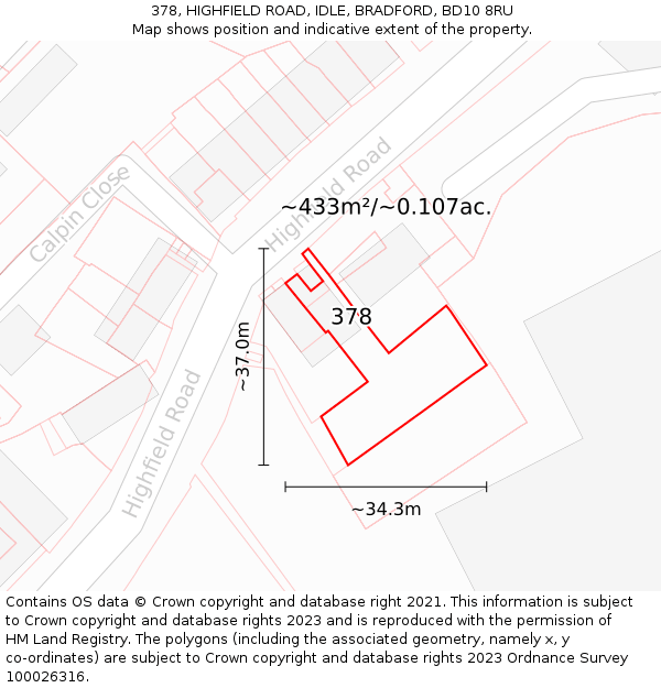 378, HIGHFIELD ROAD, IDLE, BRADFORD, BD10 8RU: Plot and title map