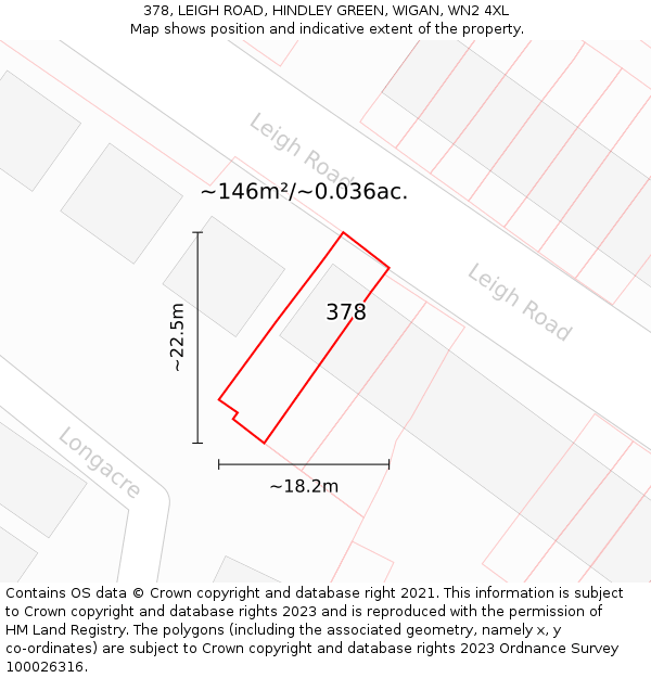 378, LEIGH ROAD, HINDLEY GREEN, WIGAN, WN2 4XL: Plot and title map