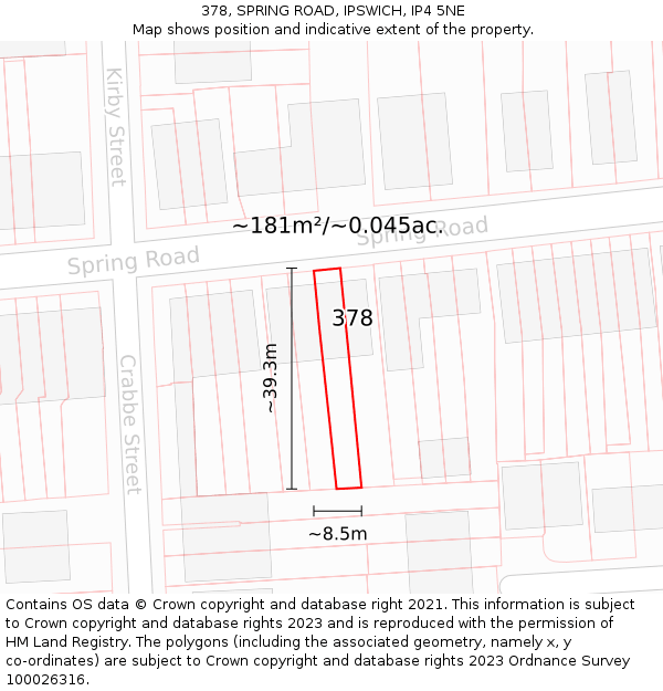 378, SPRING ROAD, IPSWICH, IP4 5NE: Plot and title map