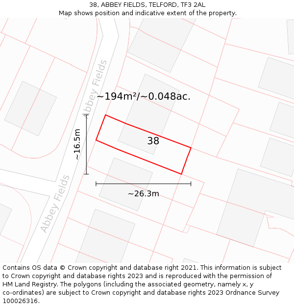 38, ABBEY FIELDS, TELFORD, TF3 2AL: Plot and title map