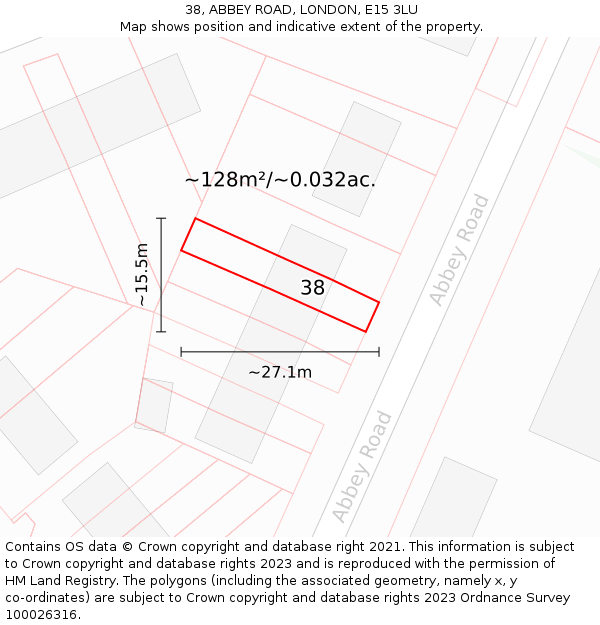 38, ABBEY ROAD, LONDON, E15 3LU: Plot and title map