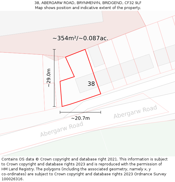 38, ABERGARW ROAD, BRYNMENYN, BRIDGEND, CF32 9LF: Plot and title map