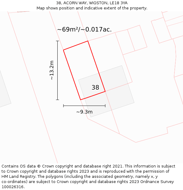 38, ACORN WAY, WIGSTON, LE18 3YA: Plot and title map