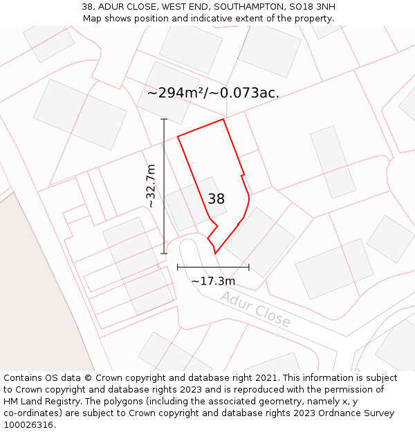 38, ADUR CLOSE, WEST END, SOUTHAMPTON, SO18 3NH: Plot and title map