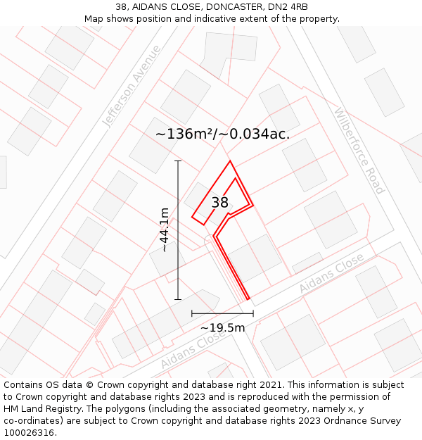 38, AIDANS CLOSE, DONCASTER, DN2 4RB: Plot and title map