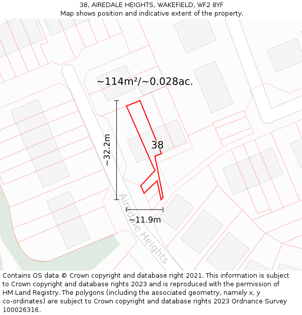 38, AIREDALE HEIGHTS, WAKEFIELD, WF2 8YF: Plot and title map