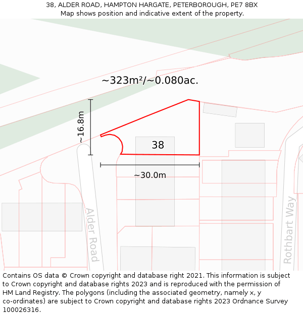 38, ALDER ROAD, HAMPTON HARGATE, PETERBOROUGH, PE7 8BX: Plot and title map