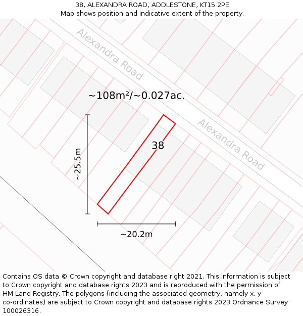 38, ALEXANDRA ROAD, ADDLESTONE, KT15 2PE: Plot and title map