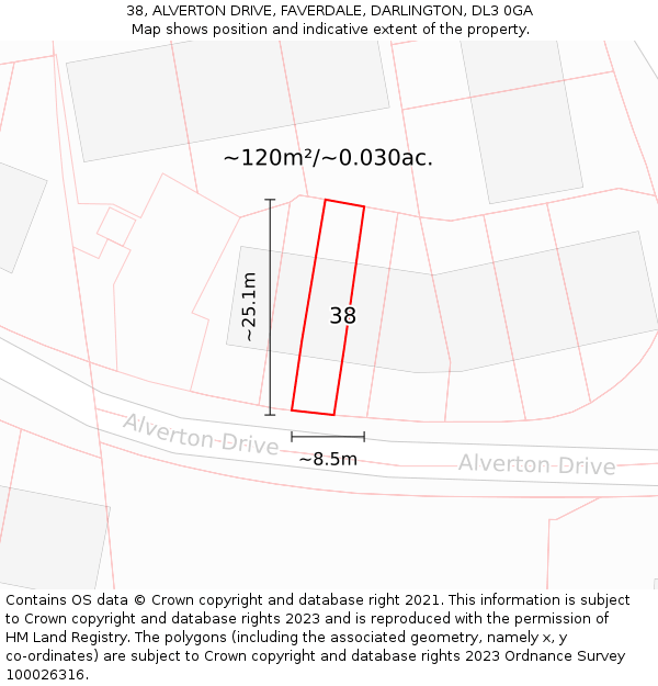 38, ALVERTON DRIVE, FAVERDALE, DARLINGTON, DL3 0GA: Plot and title map