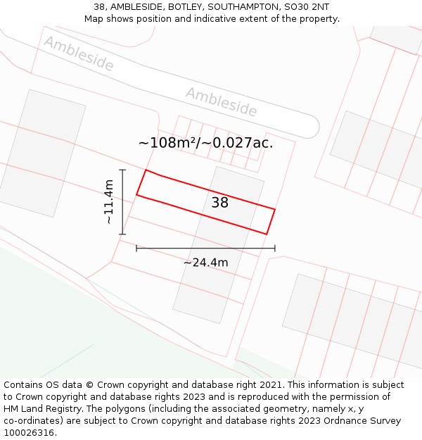 38, AMBLESIDE, BOTLEY, SOUTHAMPTON, SO30 2NT: Plot and title map