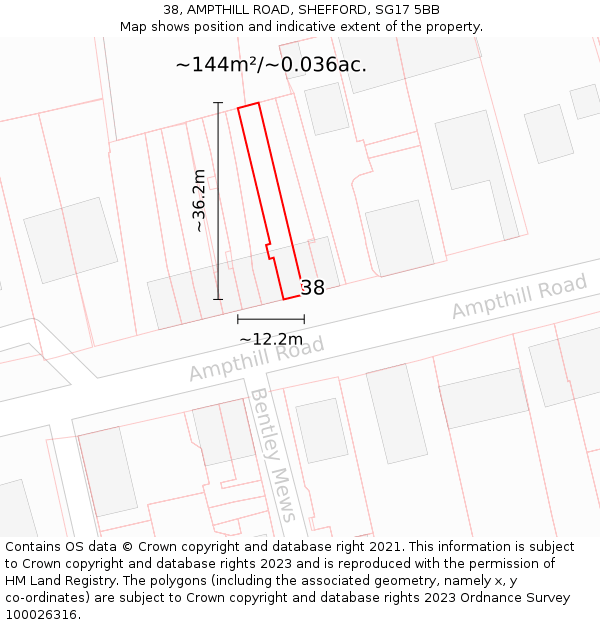 38, AMPTHILL ROAD, SHEFFORD, SG17 5BB: Plot and title map