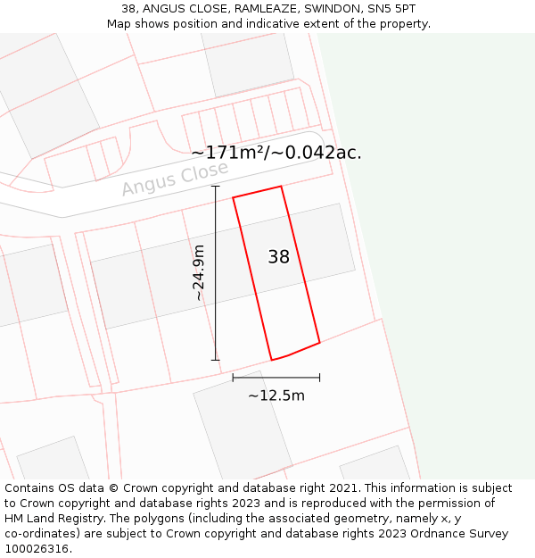 38, ANGUS CLOSE, RAMLEAZE, SWINDON, SN5 5PT: Plot and title map