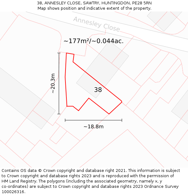 38, ANNESLEY CLOSE, SAWTRY, HUNTINGDON, PE28 5RN: Plot and title map