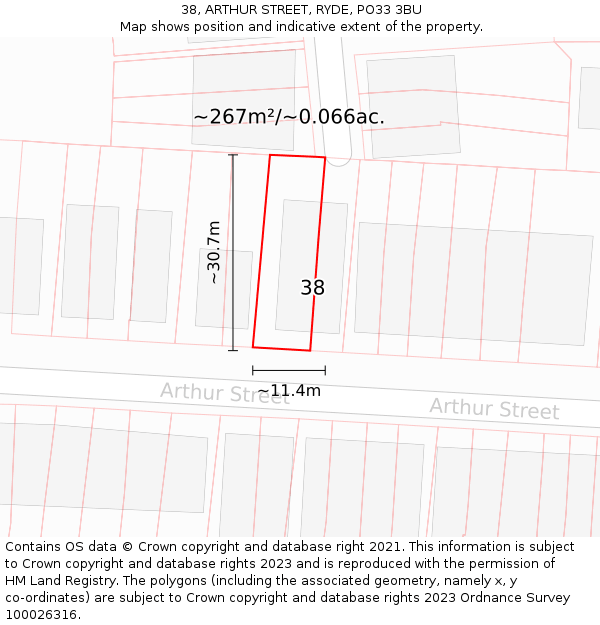 38, ARTHUR STREET, RYDE, PO33 3BU: Plot and title map