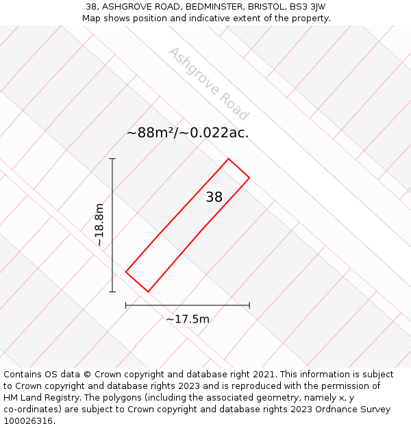 38, ASHGROVE ROAD, BEDMINSTER, BRISTOL, BS3 3JW: Plot and title map