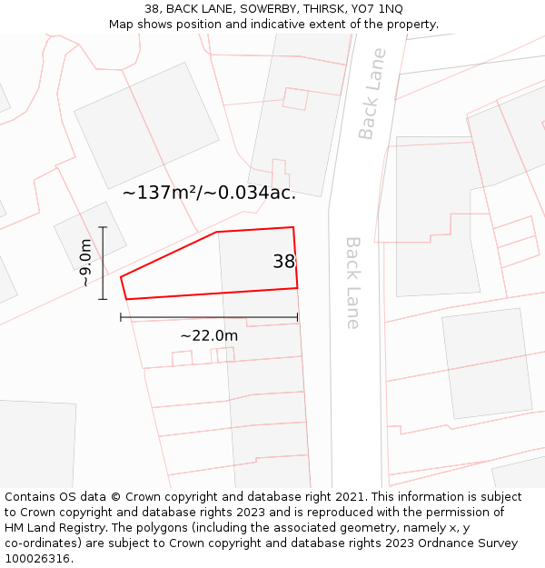 38, BACK LANE, SOWERBY, THIRSK, YO7 1NQ: Plot and title map