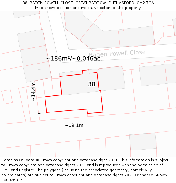 38, BADEN POWELL CLOSE, GREAT BADDOW, CHELMSFORD, CM2 7GA: Plot and title map