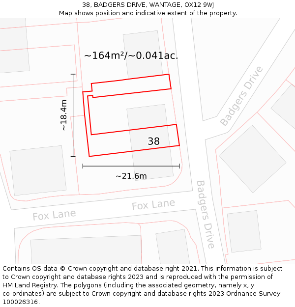 38, BADGERS DRIVE, WANTAGE, OX12 9WJ: Plot and title map