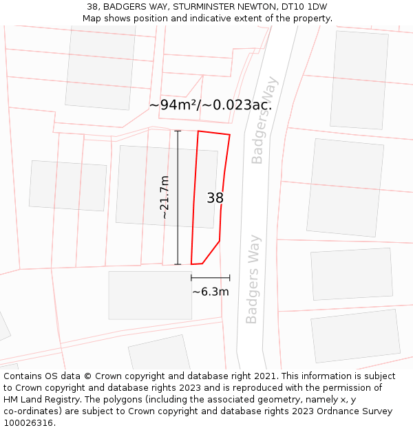 38, BADGERS WAY, STURMINSTER NEWTON, DT10 1DW: Plot and title map