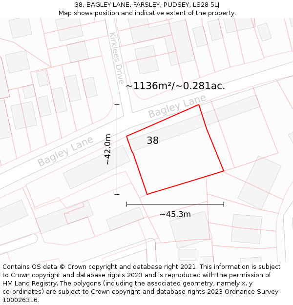 38, BAGLEY LANE, FARSLEY, PUDSEY, LS28 5LJ: Plot and title map